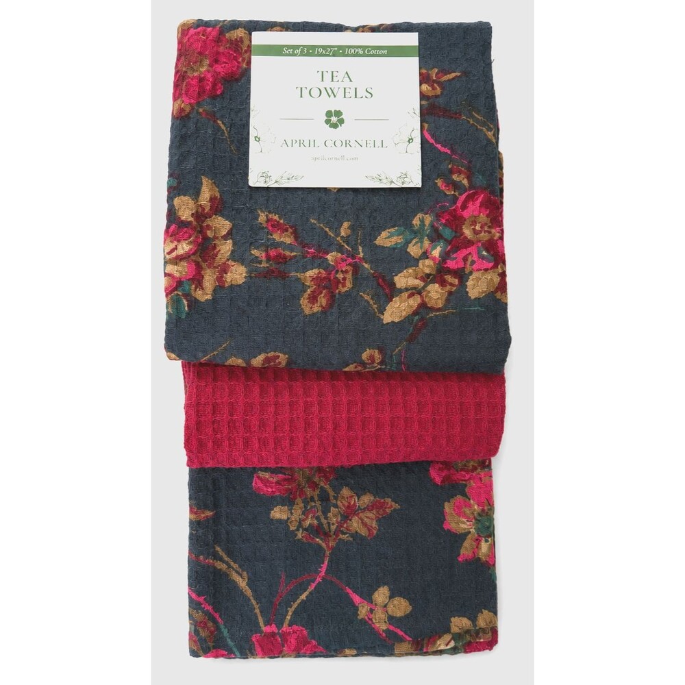 April Cornell Wild Rose Dish Towels Set of 3 Floral Navy Pink Waffle Weave Fall